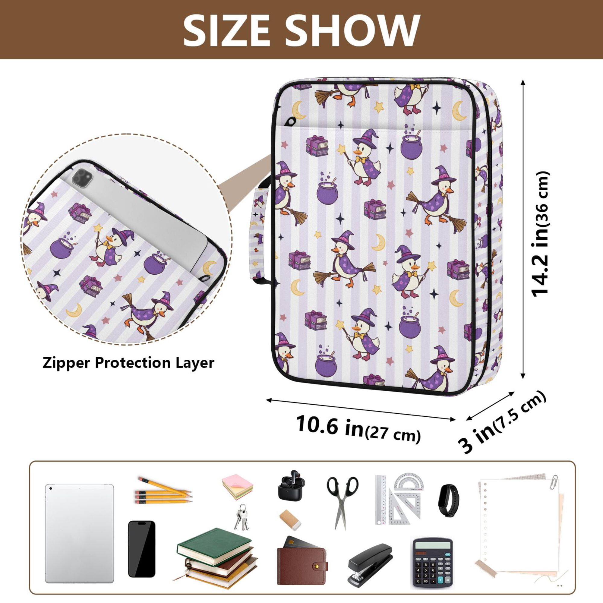 FORMRS Accordion File Folder A4 Size 7-Pocket Expanding Document Organizer Bag with 3 Ring Binder, Purple Halloween Gooses