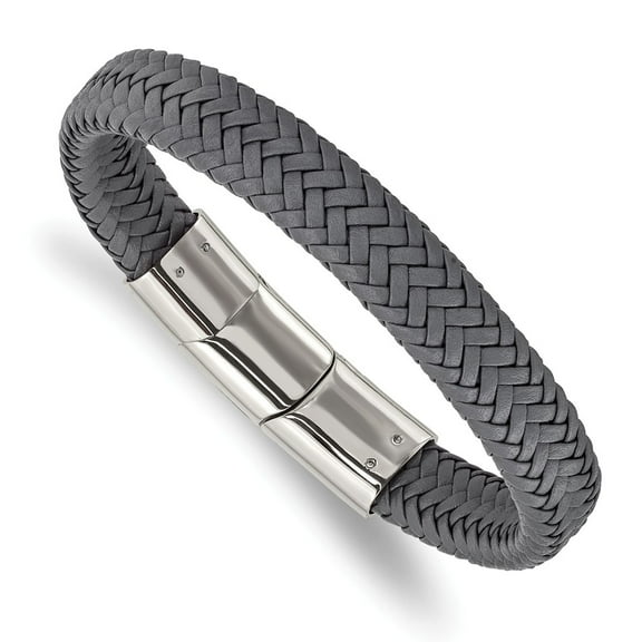 Primal Steel Stainless Steel Polished Grey Woven Leather with 0.5 Inch Extension 8 Inch Bracelet