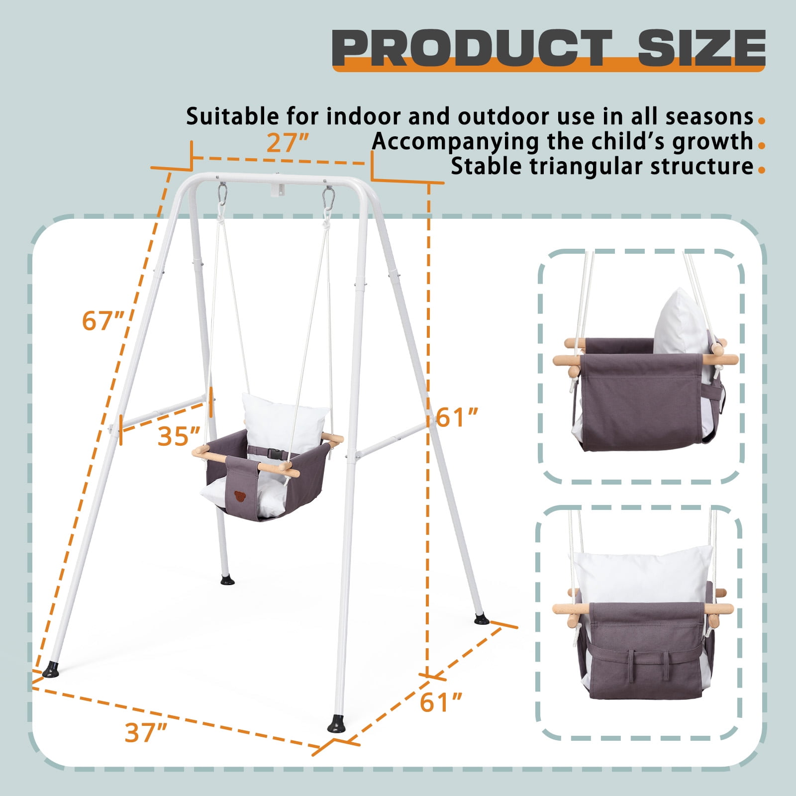 G TALECO GEAR Toddler Swing Set with Canvas Cushion Seat, Baby Swing Outdoor Playset, Age 6-24 months, Gray