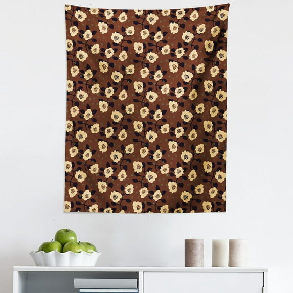 Dark Floral Tapestry, Vintage Earthy Flowers Orderly Repeated Pattern Retro Feels Illustration, Fabric Wall Hanging Decor for Bedroom Living Room Dorm, 5 Sizes, Brown Champagne, by Ambesonne