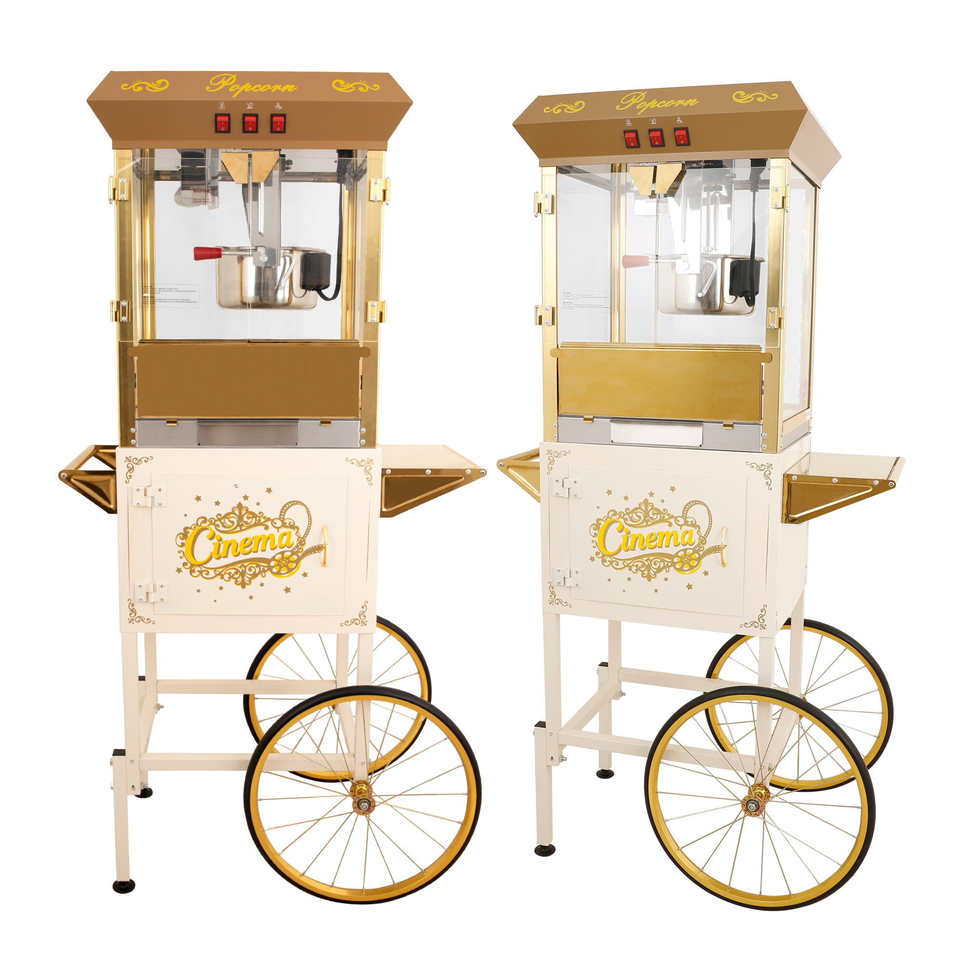 Miniyam 16 oz Commercial Popcorn Machine with Cart, High-Power 850W Popcorn Maker with Stainless Kettle, Clear Viewing Panels, Warming Light & Storage Cabinet, White