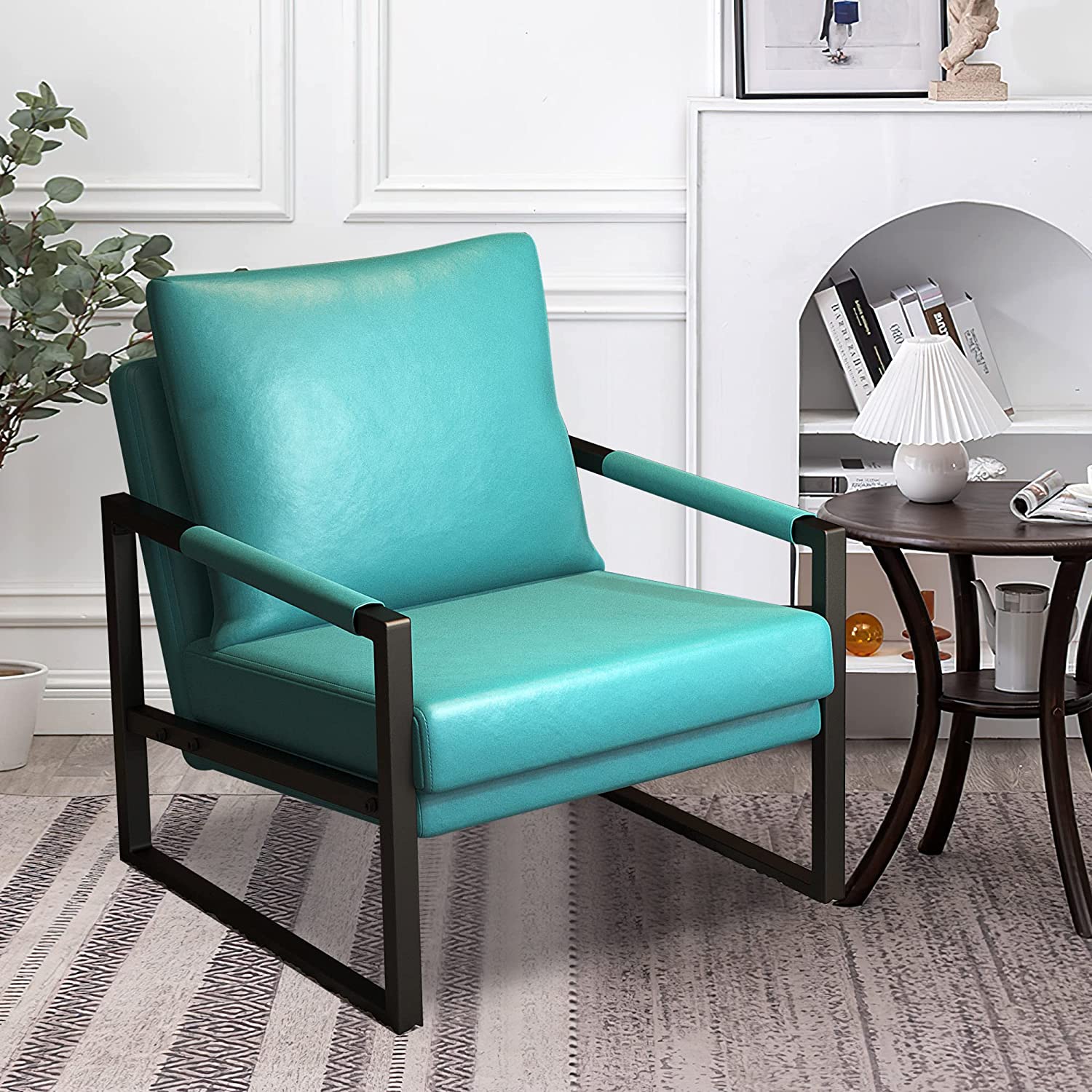 PU Leather Accent Arm Chair Mid Century Modern Upholstered Armchair with Metal Frame ExtraThick