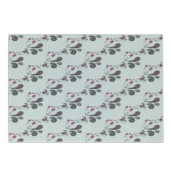 Paisley Cutting Board, Design with Flowers Leaves and Abstract Ivy Plant Patterned Art, Decorative Tempered Glass Cutting and Serving Board, Small Size, Pink Grey and Black, by Ambesonne