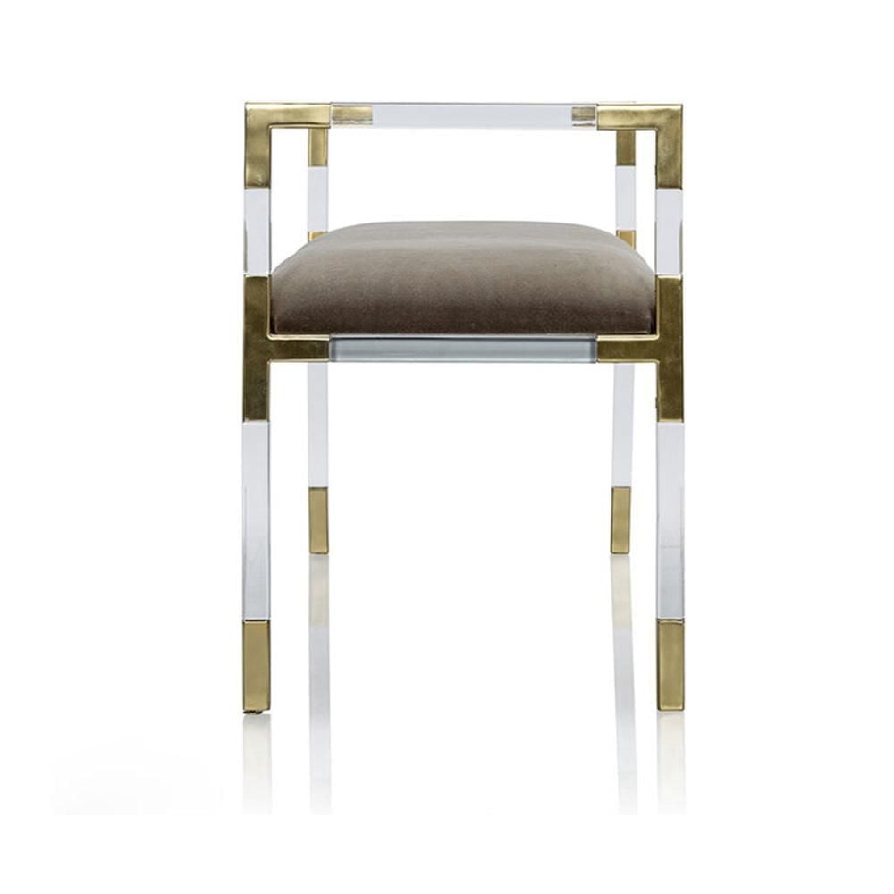 Doyle Bench in Clear, Acrylic Bench, Velvet Bench, Modern Bench with brushed brass details, Gold Bench, Clear Bench with brass details, Grey Velvet Bench, Stylish Bench, Entryway Bench, Living Room Be