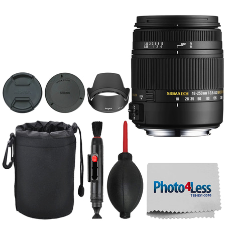 Sigma 18-250mm F3.5-6.3 DC Macro OS HSM for Nikon F Mount + Lens Pouch + Dust Blower + Lens Cleaning Pen + Photo4Less Cleaning Cloth - Top Value Basic Lens Accessory