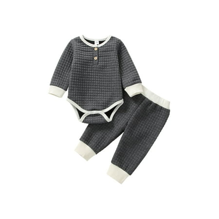 

Fall Winter Baby Boy Girl Rompers Pants Set Solid Color Plaid Long Sleeve Crew Neck Jumpsuit and Casual Pants Warm Outfit