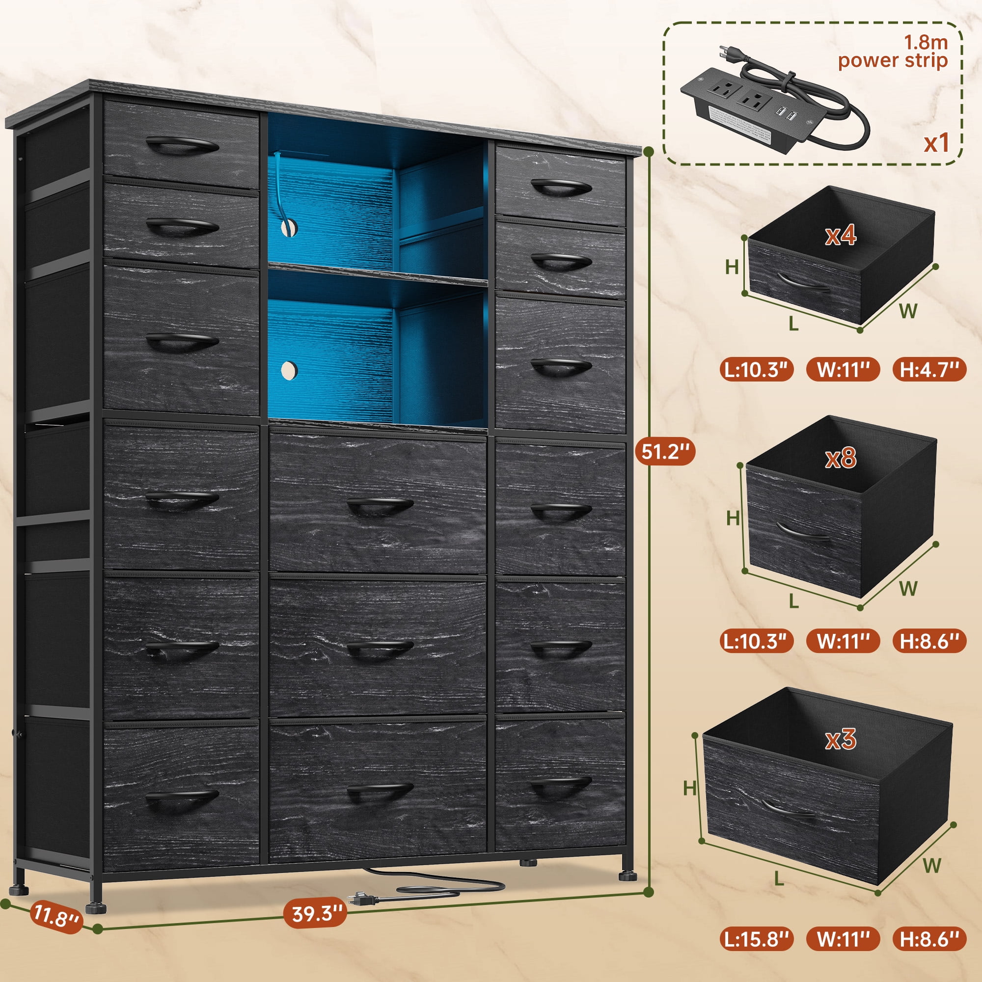 EnHomee Black Tall Dressers for Bedroom with 15 Drawers Dresser with LED Lights &Charging Station,39"L x 12"W x 51"H