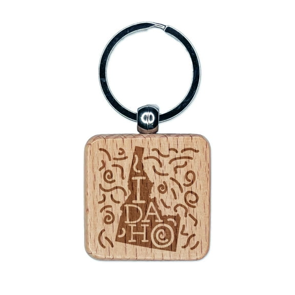 Idaho State with Text Swirls Square Keychain Charm Tag - Engraved Wood