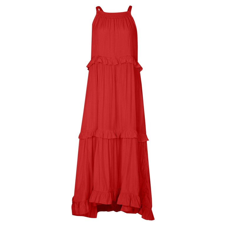 red halter ruffle dress MISSGUIDED Women's Red Halter Neck Maxi Dress With Ruffle Detail Long Formal Evening Bodycon Gown Party Wedding Guest Cocktail,XS