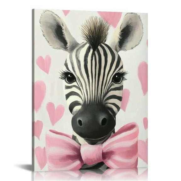 Patifu Zebra Hearts Pink Bow Canvas Wall Art Home Decor 12x16 in
