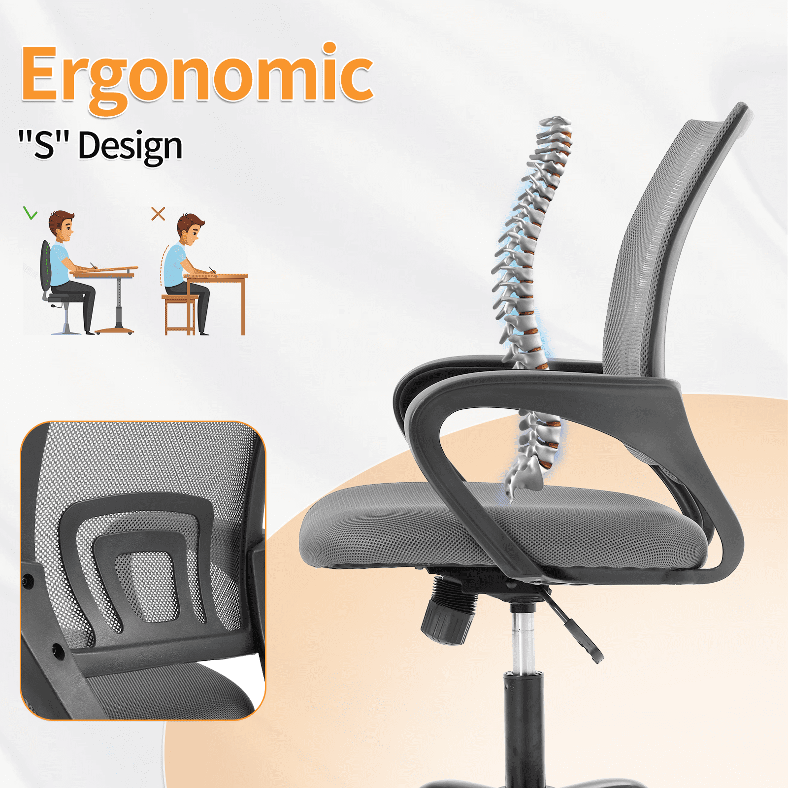 Mid Back Computer Chair Mesh Office Chair Height Adjustable Task Rolling Swivel Chair Comfortable Seat & Back Support Ergonomic Desk Chair with Armrest & 360 Degree Casters,Grey