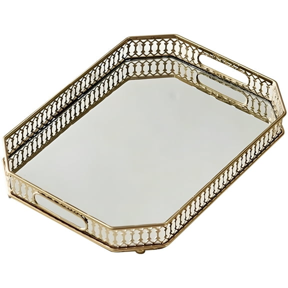 Perfume Trays for Dresser, Vanity Organizer Tray with Handles, Gold Mirror Tray for Jewelry and Makeup, Decorative Rectangular Glass Metal Tray 13.8 x 9.8 in for Bedroom Living Room Entryway
