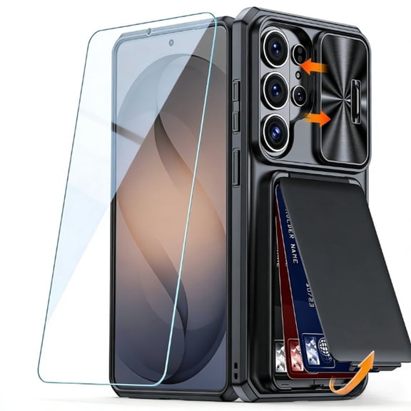 ELEHOLD Wallet Case for Samsung Galaxy S26 Ultra, RFID Blocking Slim Shockproof Card Holder Kickstand Cover with Tempered Glass, Slide Camera Cover,Black