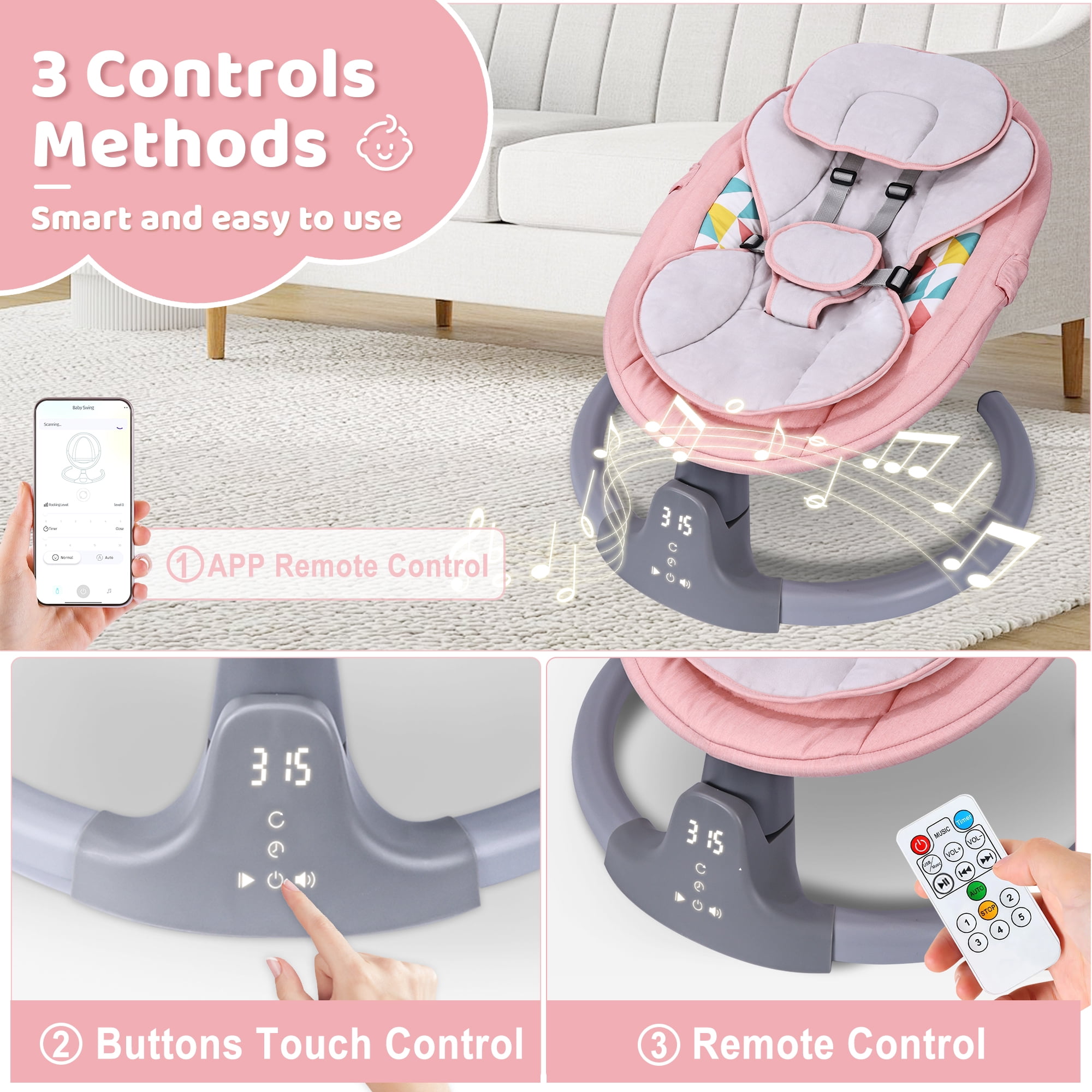 Baby Swing,HDJ Baby Swing for Infants,Portable Electric Baby Rocker with 5 Sway Speed,10 Preset Songs,Remote Control,Bluetooth Music,Pink