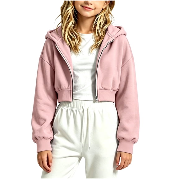 Cethrio Girls Zip up Hoodies Size 14-16, Casual Fall Cropped Long Sleeve Kids Jackets Pink