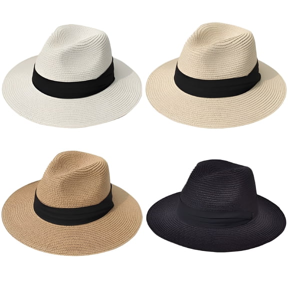 TELOLY Womens Straw Fedora Beach Sun Hat, Packable Wide Brim Panama Hat for Women Summer Hat for Beach
