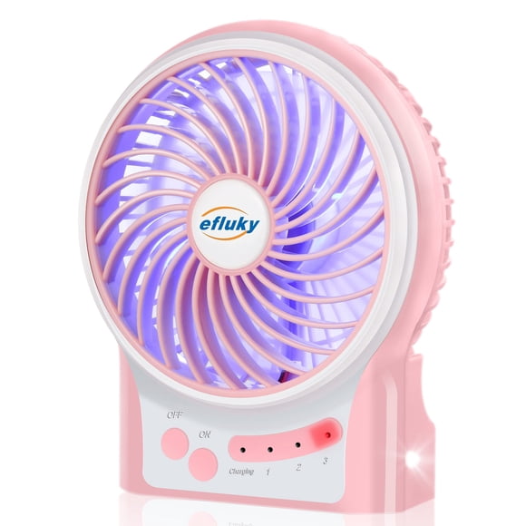 efluky Mini ventilador de escritorio de 3 velocidades, funciona con pilas recargables con luz LED, ventilador USB portátil silencioso para el hogar, oficina, viajes, camping, exterior, interior, 4,9 p