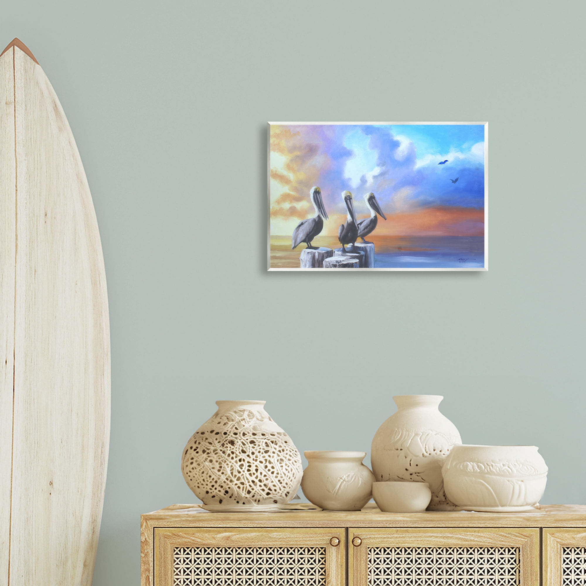 Stupell Industries Vivid Pelican Trio Landscape Painting Unframed Art Print Wall Art, 19 x 13