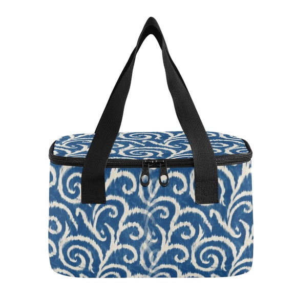 6L Insulated Lunch Bag Square Handheld Cooler Tote Blue White Ikat Pattern Reusable Thermal Bag with Polyester & Aluminum Lining for Work Picnic Travel