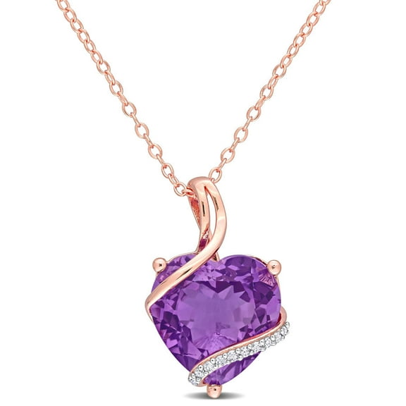 AMOUR 6 1/2 CT TGW Amethyst and Diamond Accent Heart Pendant with Chain In Rose Plated Sterling Silver