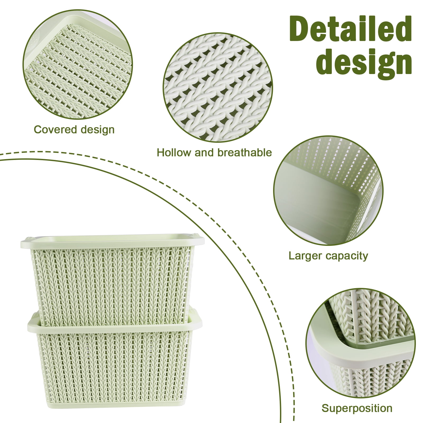 Pethiy 2-Pack Light Green Rattan-Texture Plastic Storage Baskets - Hollow Breathable Onion/Potato/Vegetable Organizers with Handles, Stackable for Kitchen Pantry Countertop