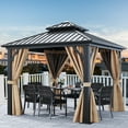 thumbnail image 2 of Dextrus 10x10ft Hardtop Gazebo Double Roof with Nettings and Curtains, Heavy Duty Galvanized Steel Outdoor Vertical Stripes Roof for Patio, Backyard, Deck, Lawns, Brown, 2 of 7