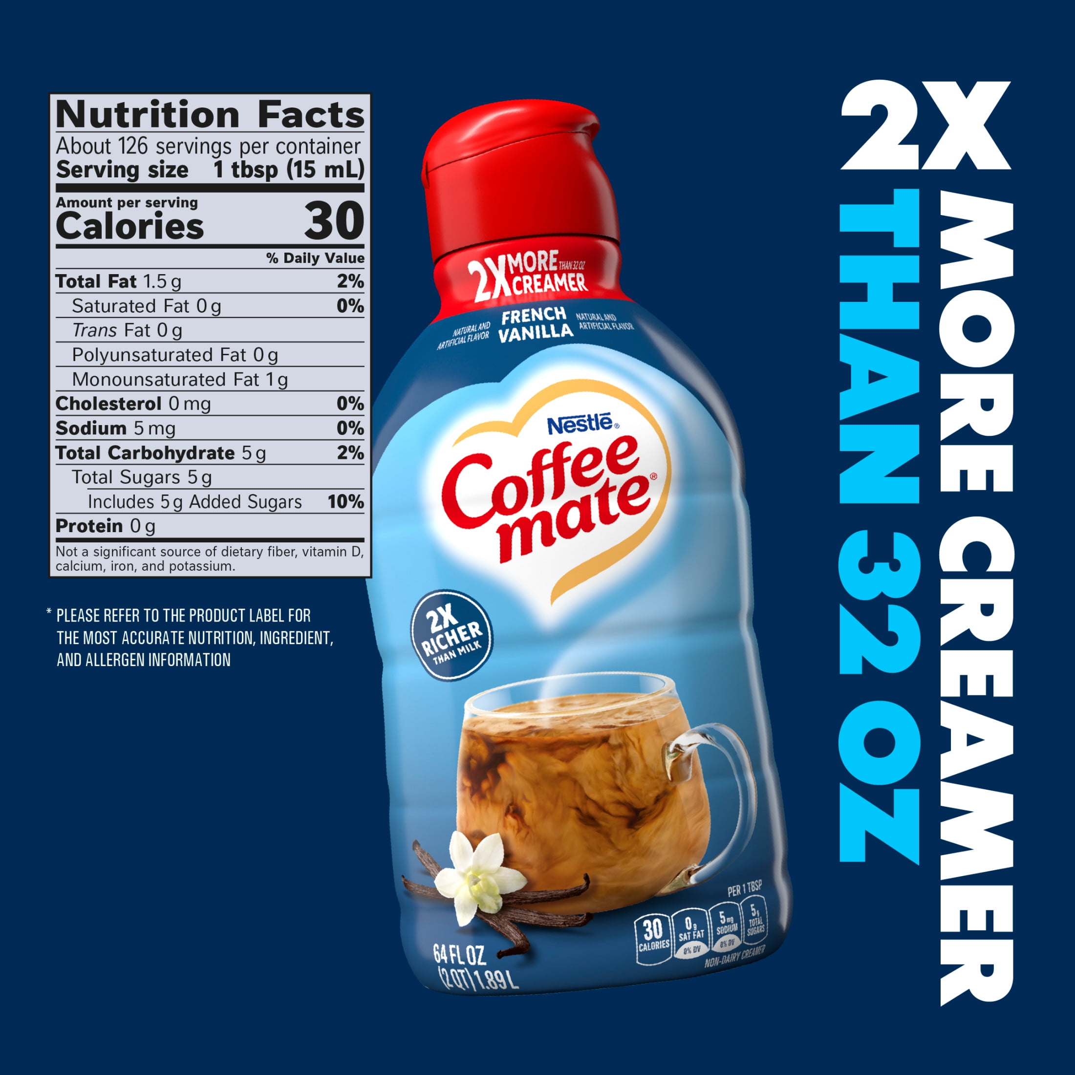 Coffee mate French Vanilla Flavored Coffee Creamer, Non-Dairy, Gluten-Free, 126 Servings 64 fl oz