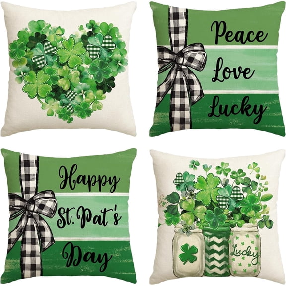Happy ST Patricks Day Peace Love Lucky Throw Pillow Covers, 16 x 16 Inch Clover Stripes Decoration for Sofa Couch Set of 4