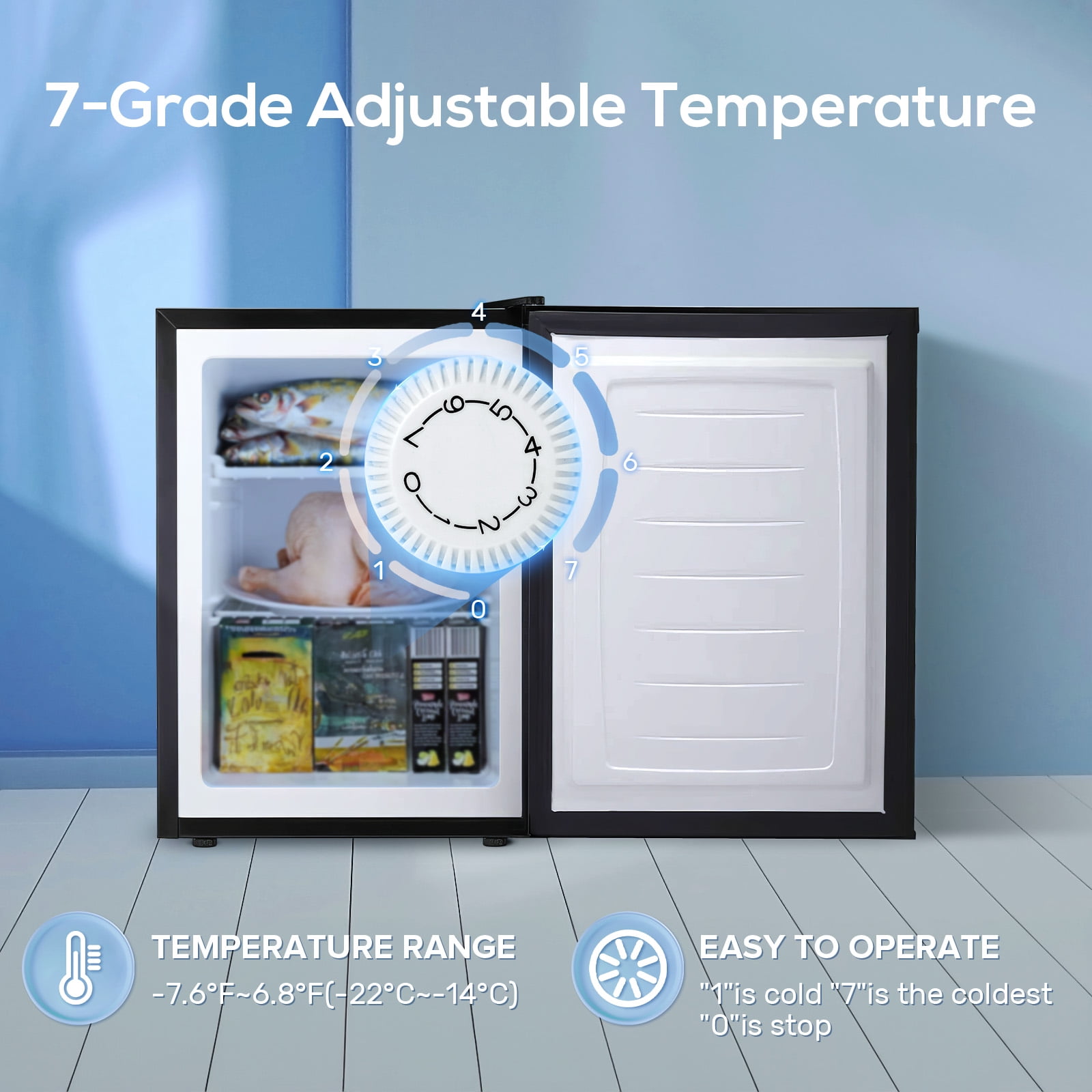Auseo Mini Freezer Countertop, Energy Saving 2.6 Cu.ft, Single Door Compact Upright Freezer with Reversible Door for Home/Office/Kitchen-Silver