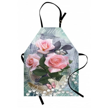 Pearls Apron Classic Rose and Pearls Romantic Dramatic Love Symbols Together Grace Bouquet Artwork, Unisex Kitchen Bib Apron with Adjustable Neck for Cooking Baking Gardening, Pink Grey, by Ambesonne