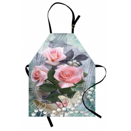 

Pearls Apron Classic Rose and Pearls Romantic Dramatic Love Symbols Together Grace Bouquet Artwork Unisex Kitchen Bib Apron with Adjustable Neck for Cooking Baking Gardening Pink Grey by Ambesonne
