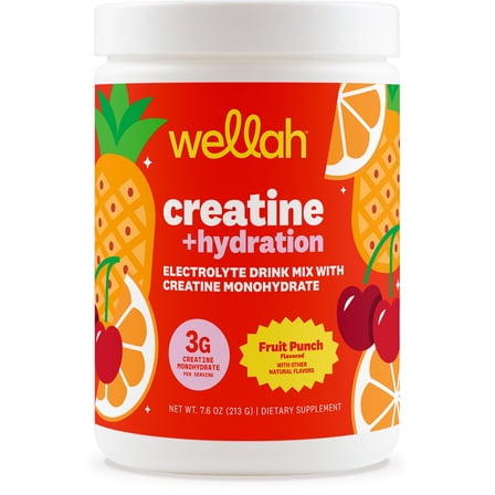 Wellah Creatine   Hydration Powder (Fruit Punch) 30 Servings - Electrolyte Drink Mix with 3g of Creatine Monohydrate