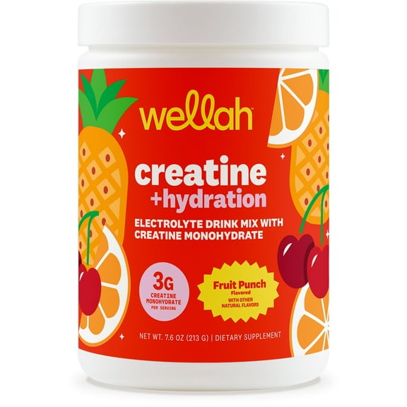Wellah Creatine   Hydration Powder (Fruit Punch) 30 Servings - Electrolyte Drink Mix with 3g of Creatine Monohydrate