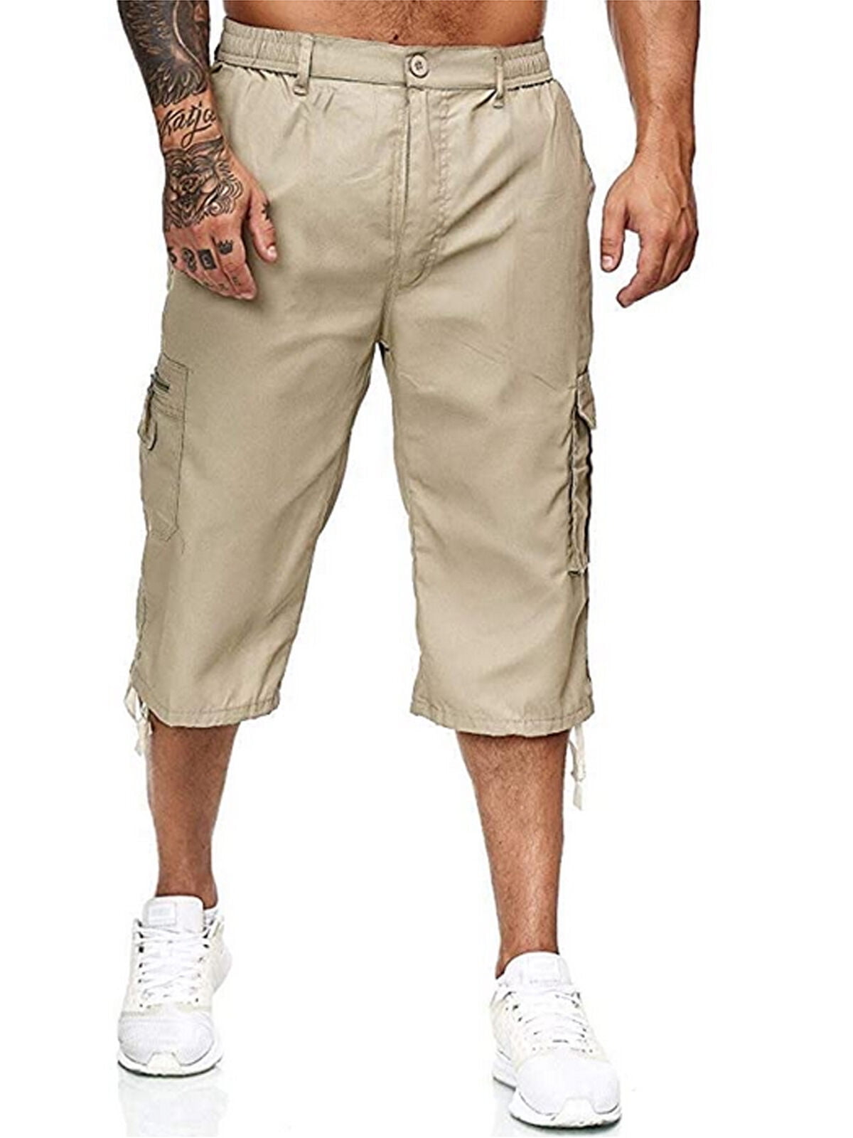 Men 3/4 Long Length Elasticated Shorts Waist Cargo Joggers Three Quarter Pants 