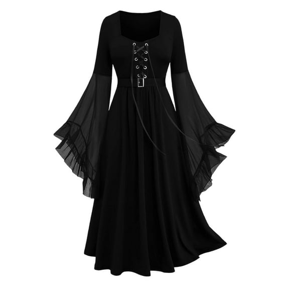 Hvyesh Women Renaissance Gothic Dresses Lace Bat Sleeve Dresses Medieval Dress Lace-up Halloween Long Dress