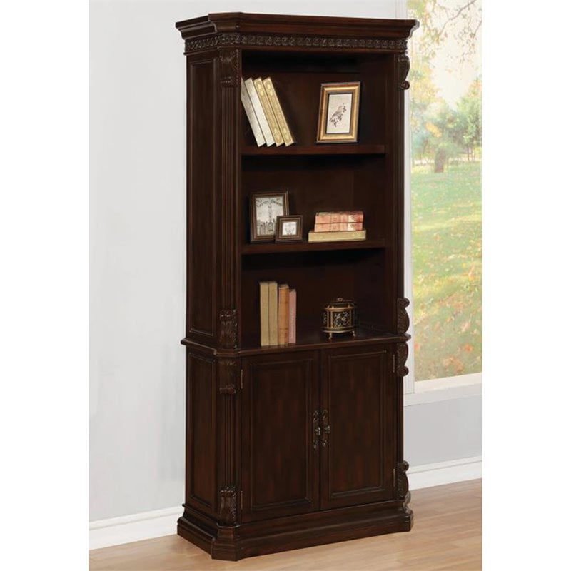 Bowery Hill 3 Shelf Bookcase In Rich, Dark Brown Bookcase With Doors