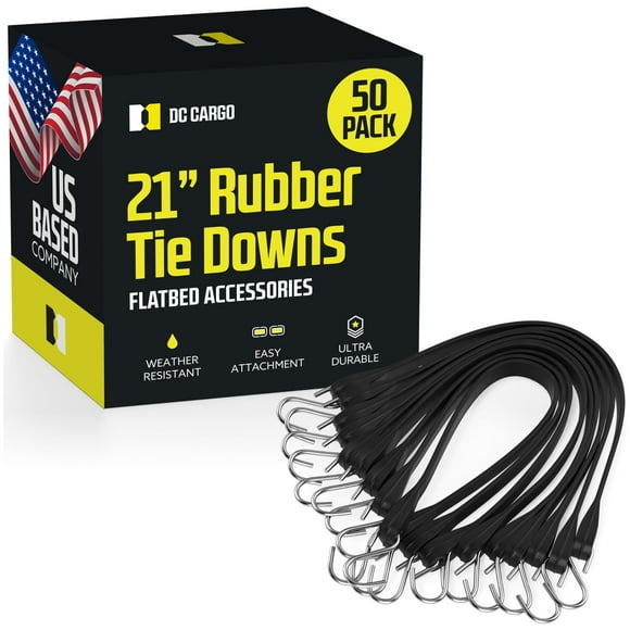 Pack of 50 Tarp Straps for Flatbed Trailers, 21" Long Natural Rubber Bungee Cord Tie-Downs Ideal for Securing Tarps, Canvases, Cargo in Cold Climates | Tie-Downs w/ Metal S-Hooks