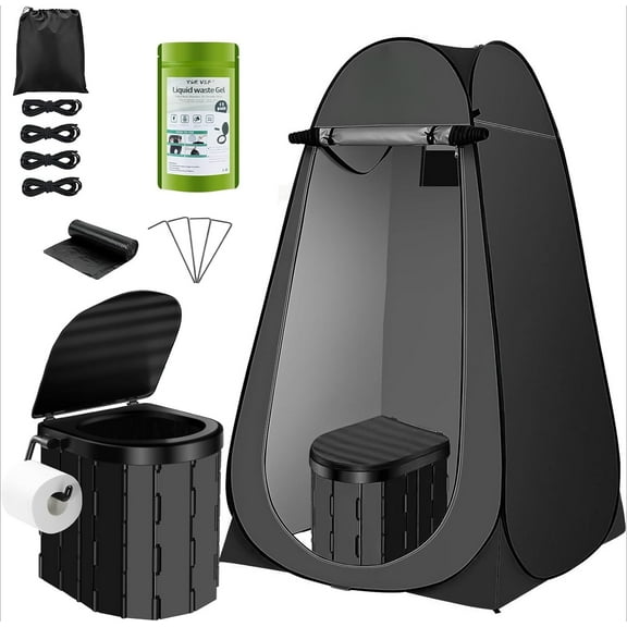 Portable Toilet Kit, Camping Toilet with Pop-Up Privacy Tent and Poo Gel Toilet Bags, Washable Portable Outdoor Showers Changing Rooms