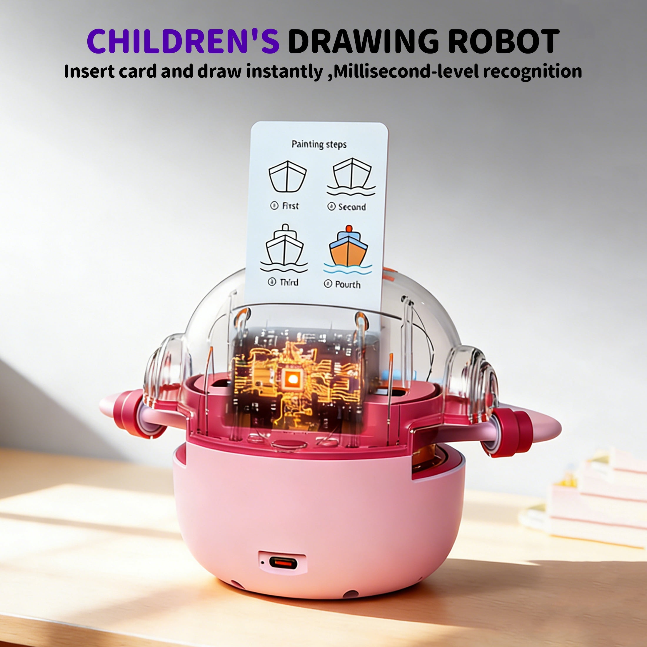 CYFW Robot Drawing Machine,Card-Insert Recognition Drawing Robot with 100 Picture Cards & 12 Colored Pens,Learning Educational Robot Toys,Fun Voice Interactive Robot,Pink