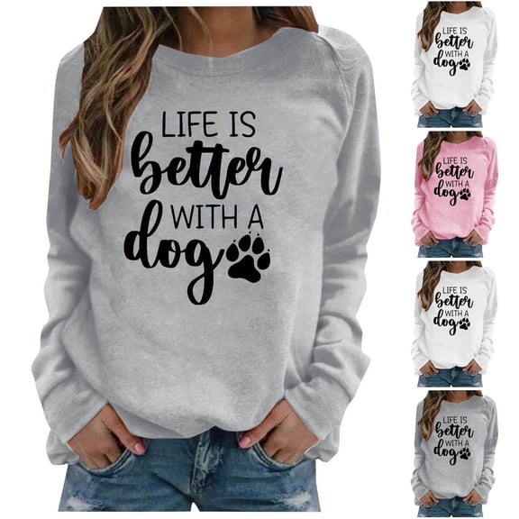 Oiangi Women's Life is Better with Dogs Sweatshirt, Dog Paw Graphic Dog Mama Shirt Crewneck Pullover Tops Dog Lovers Gift White S