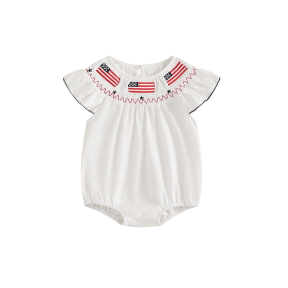 BemeyourBBs Newborn Baby Girl 4th of July Outfit Smocked Bubble Romper Patriotic Independent Day Summer Clothes Casual Plaid Print Flag Embroidery Fly Sleeves Bodysuit Jumpsuit
