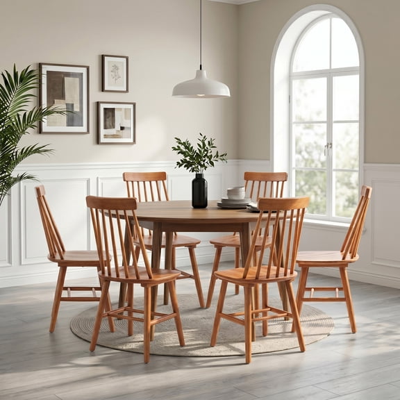 Farmhouse Windsor Dining Chairs Set of 6, Solid Wood Spindle Back Rustic Kitchen Chairs for Dining Room, Walnut