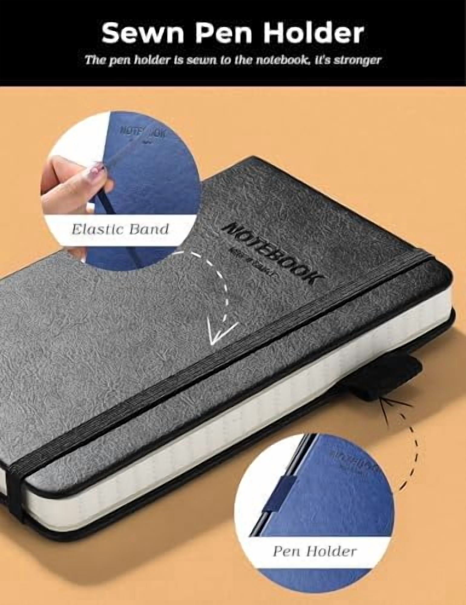 Jointown Pocket Notebook Small Notebook 2-Pack, 3.5" x 5.5" Pocket Notebooks Hardcover with Thick Lined Paper, Inner Pockets, Cover Letter Embossing Design Mini Journal Notepad 1Black 1Blue Leather
