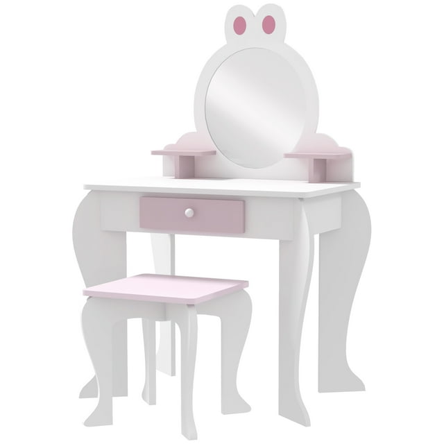 CoSoTower Kids Makeup Vanity Set with Stool, Mirror, Drawer, Storage Boxes, Rabbit Design, White