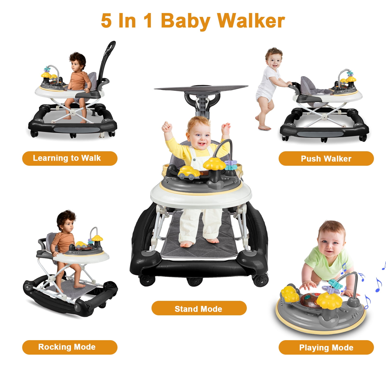 EONROACOO 5-in-1 Baby Walker for Boys Girls, Adjustable Infant Walkers with Wheels(Black)