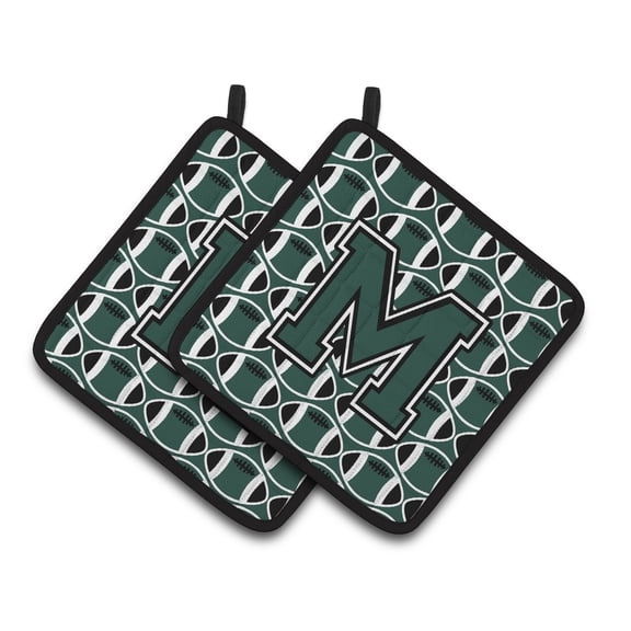 Caroline's Treasures CJ1071-MPTHD Letter M Football Green and White Pair of Pot Holders, 7.5HX7.5W, multicolor