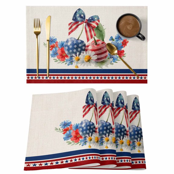 Independence Day Cherry Placemats Set of 1, Patriotic Red Blue Star Flower Bow Stripe Linen Non-Slip Place Mats Washable Table Mats for Kitchen Dining Table Decorations Indoor/Outdoor