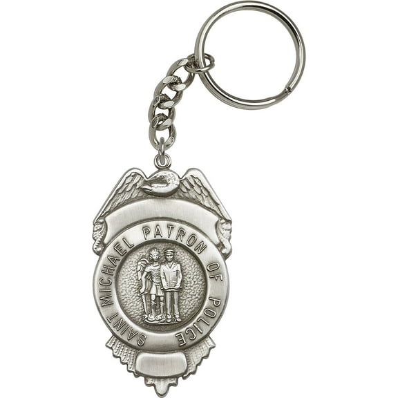 Antique Silver-Plated St. Michael the Archangel Keychain 2 3/4 x 1 1/2 inches