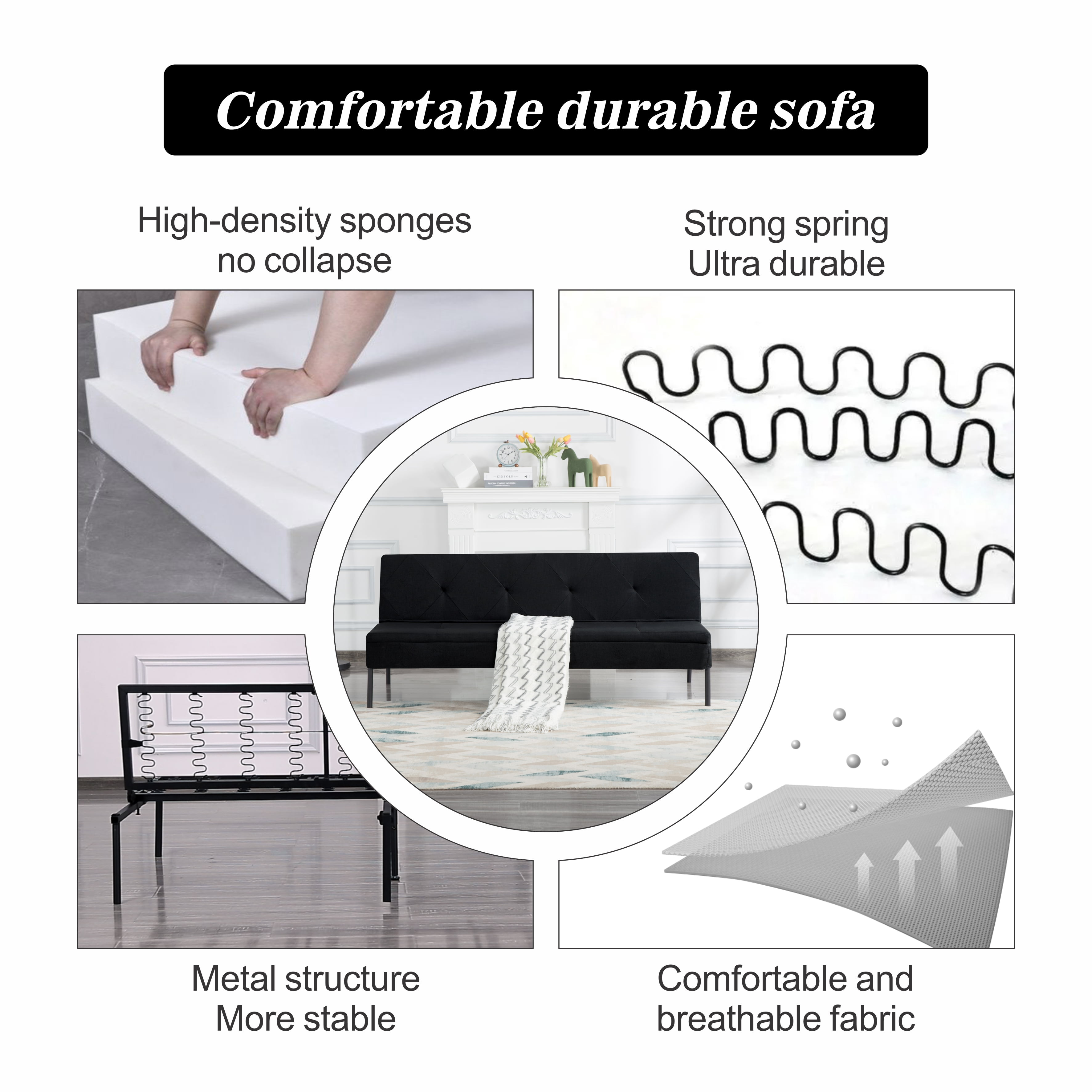 Gewnee 63" Modern Convertible Futon Sofa Bed,Pull-Out Sleeper with Adjustable Backrest(Black)