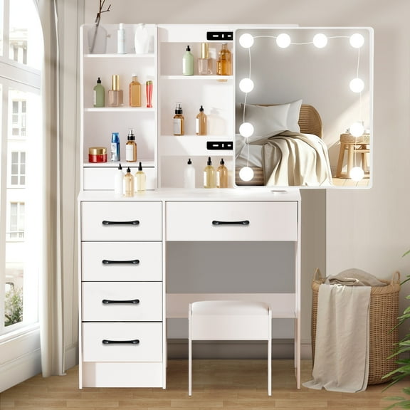 Makeup Vanity Desk with Sliding LED Lighted Mirror, Small Vanity Set with Drawers &Storage Shelves &Stool, Dressing Table for Bedroom White